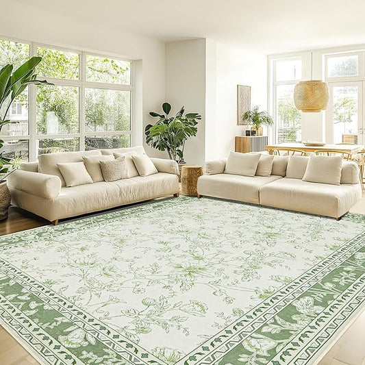 Sage Green Area Rugs 8x10 for Living Room Boho Washable Large Floral Floor Covering, 8 x 10 Cream Beige Green Rugs Bedroom Dining Room, Non Slip Farmhouse Floor Carpet for Kids Playroom Dorm Nursery