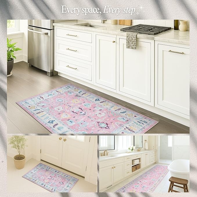 Fame Rugs Pink Modern Oushak Rug 3x5, Washable Vintage Turkish Colorful Oriental Antique Inspired Foldable Small Area Rugs, Luxury Living Room Bedroom (385PB, 2'6" x 5')