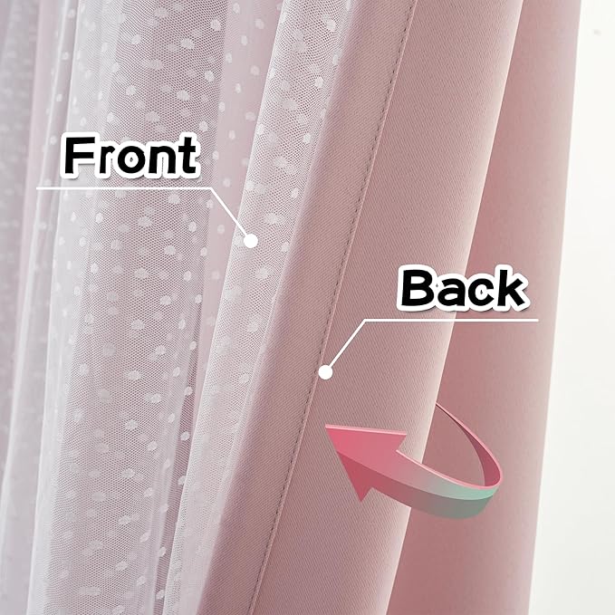 MYSKY HOME Pink Curtains for Girls Bedroom & Nursery Kids Blackout Cute Curtains Double Layer with Polka Dots Sheer, Grommet Tops, 52x95 Inch, 2 Panels