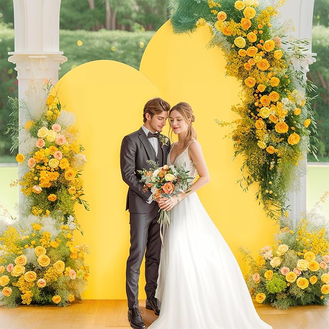 7.2FT Wedding Arch Cover Yellow Gold Spandex Fitted Wedding Arch Stand Covers Round Top Chiara Backdrop Cover for Birthday Party Ceremony Banquet Decoration