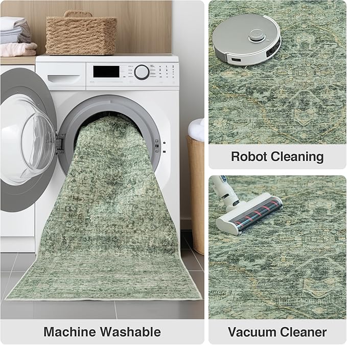 FMFUNCTEX 6x9 Washable Area Rug Green Vintage Neutral Distressed Oriental Large Non Slip Carpet for Living Room Bedroom Soft Low Pile Indoor Mat Retro Throw Rug for Dining Room Kitchen Office Nursery