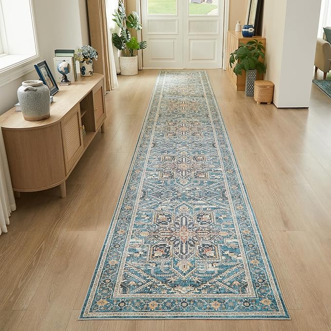 WITSHOCK 3x20 Extra Long Runner Rug for Hallway: Washable Boho Low Pile Stain Resistant Foldable Floor Carpet for Bedroom Entryway Bathroom Kitchen, Neutral Distressed Farmhouse Rug, Grey, 36″x240″