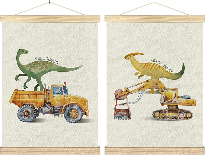 BCUANGD Dinosaur and Construction Truck Wall Decor - Dinosaur Dino Poster Hanger with Wood Frames Set of 2, Baby Car Vehicles Wall Hanging Canvas Decor for Kids Room Nursery Playroom, 12x16 Inches