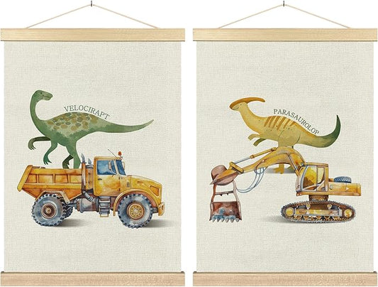 BCUANGD Dinosaur and Construction Truck Wall Decor - Dinosaur Dino Poster Hanger with Wood Frames Set of 2, Baby Car Vehicles Wall Hanging Canvas Decor for Kids Room Nursery Playroom, 12x16 Inches