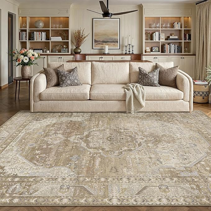 6x9 Washable Vintage Area Rug for Living Room Bedroom Non Slip Distressed Traditional Soft Large Throw Rug Beige Brown Low Pile Lightweight Floral Carpet Office Indoor Playroom Dining Room