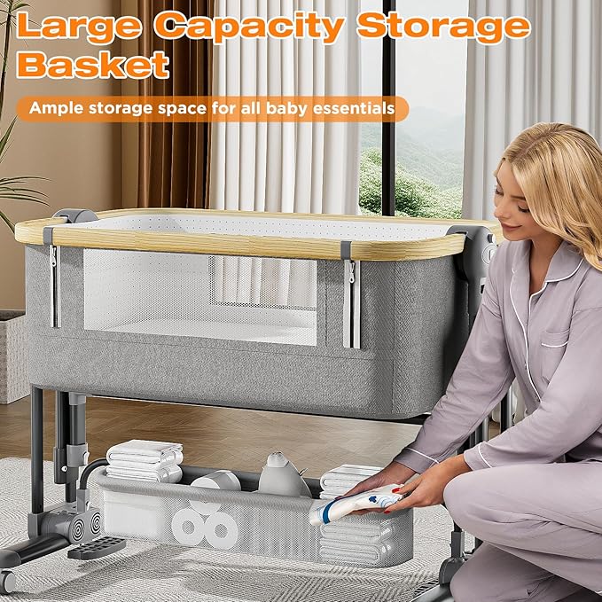 4 in 1Baby Bassinet,Bedside Bassinet for Baby, Rocking Bassinet with Comfy Mattress and Wheels, 7 Height Adjustable Easy Folding Portable Bedside Crib for Newborn