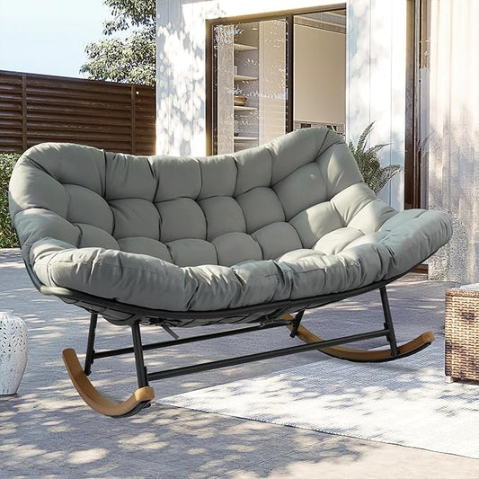 Double Papasan Rocking Chair Outdoor & Indoor, Oversized Rocking Reclining Loveseat with Thick Cushion and Frame, 660LBS Capacity Rocking Egg Chair for Patio Porch Living Room, Gray