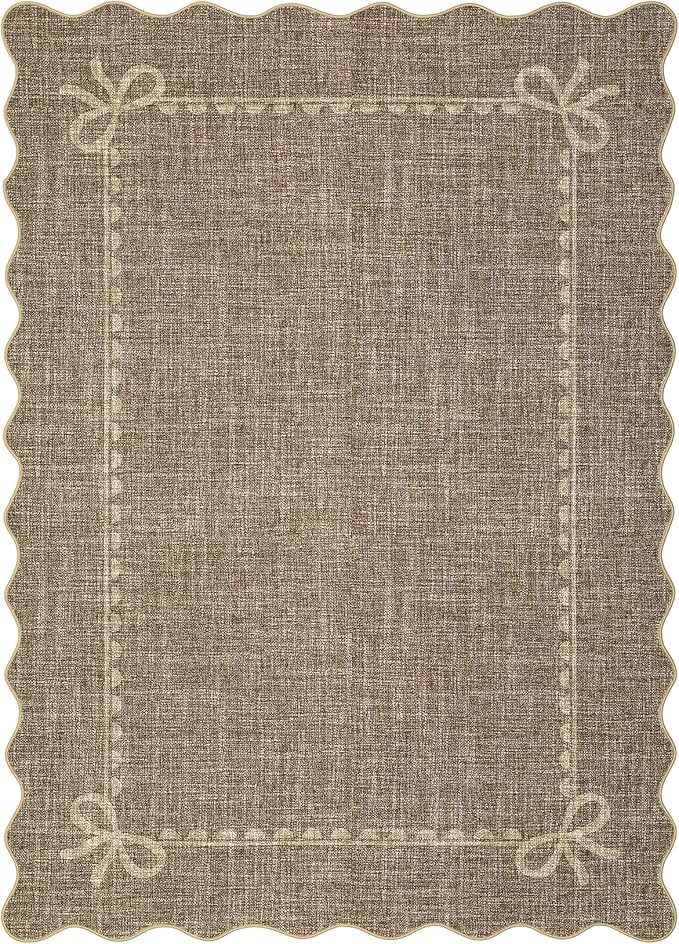 GarveeHome Scalloped Bow Rug for Living Room, Solid Brown Rug for Dorm, Washable Rugs 4x6 Soft Low Pile Non Slip Scalloped Rugs for Nursery College Bedroom Decor Kids Room Playroom