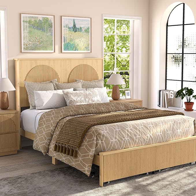 XIAOWEI Queen Size Bed Frame with 52.4" Tall Headboard 2 Storage Drawers,Fluted Sturdy Wooden Frame with Underbed Storage,No Box Spring Needed Platform Bed,Easy Assembly Low Profile Bed Frame,Natural