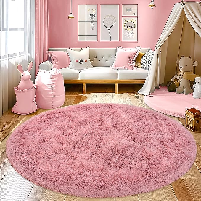 Round Fluffy Carpet 6FT Blush - Super Soft Circle Rug for Kids Room - Shaggy Circular Rug for Nursery