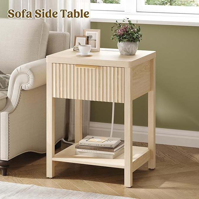 Lulive Fluted Night Stand with Drawers, Fluted Nightstand with Charging Station, Wood Modern Bedside End Table with Storage Drawer for Bedroom, Save Space (Set of 1, Natural Oak)