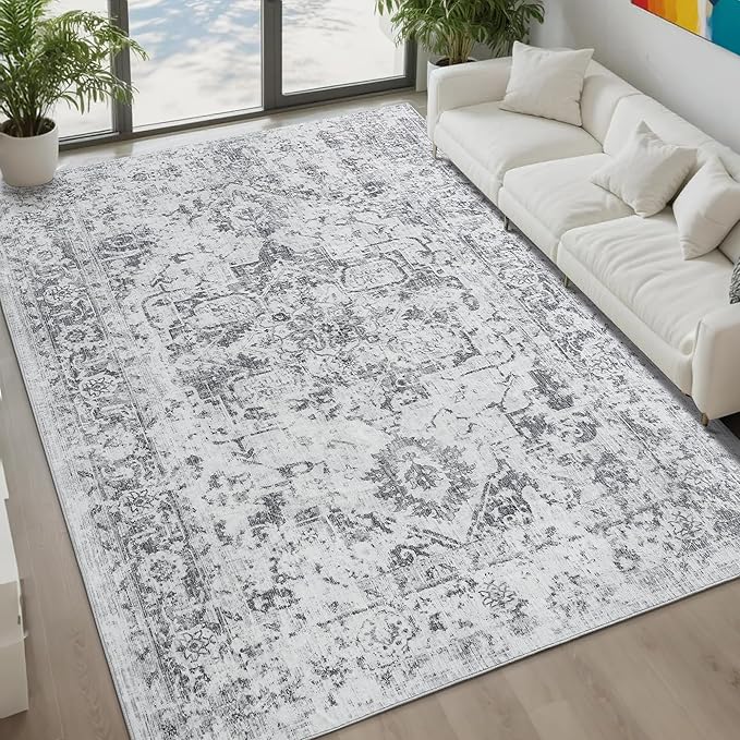 Area Rug 5x7, Washable Rug for Living Room, Large Area Rugs for Bedroom, Vintage Rug 5x7 for Dining Room, Non Slip Soft Low Pile Indoor Carpet for Kitchen, Nursery, Office, Farmhouse, Grey
