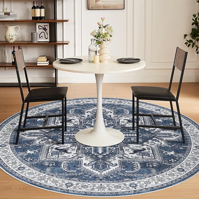 WITSHOCK Living Room Area Rugs 8Ft: Washable Rug Boho Soft Non-Slip Low Pile Stain Resistant Foldable Carpet for Bedroom Playroom Dining Room Office Kitchen Farmhouse Home Decor Rug-Blue
