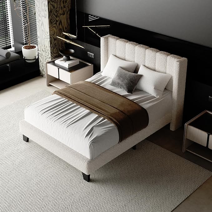 Full Bed Frame with Headboard Upholstered Platform Bed Frame with Teddy Velvet Headboard, Wooden Slats Support/Wing Edge Design/No Box Spring Needed/Easy Assembly, Beige Full