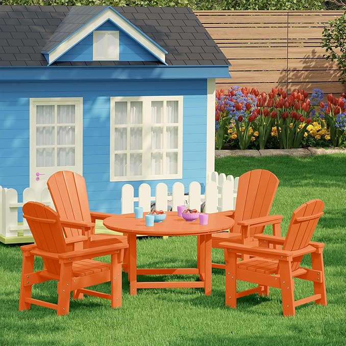 Costaelm Paradise Kids 5-Piece HDPE Outdoor Patio Round Dining Table and Chairs Set, Orange