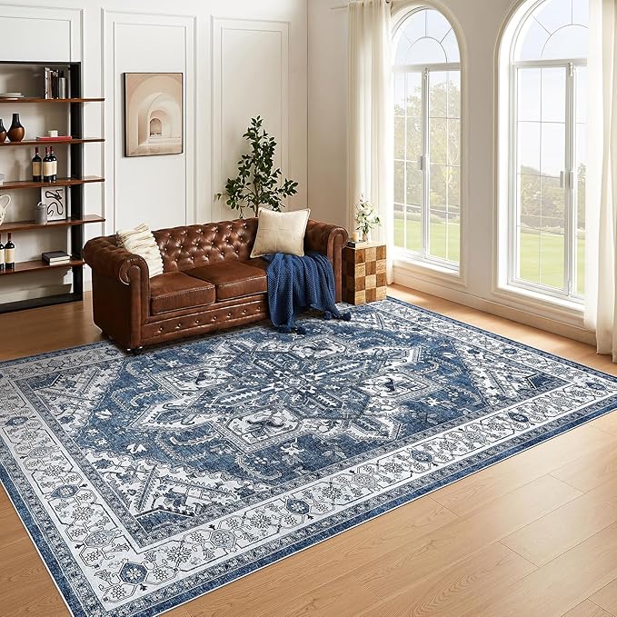 WITSHOCK Living Room Area Rugs 9x12: Washable Rug Boho Soft Non-Slip Low Pile Stain Resistant Foldable Carpet for Bedroom Playroom Dining Room Office Kitchen Farmhouse Home Decor Rug-Blue