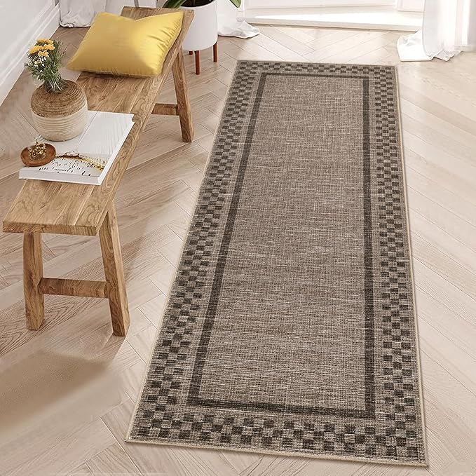 Washable Runner Rug 2x10 Modern Bordered Hallway Runner Rug Non Slip Kitchen Throw Carpet Checkered Bathroom Entryway Runner Rugs Low Pile Solid Area Rugs for Living Room Bedroom Nursery Sink, Brown