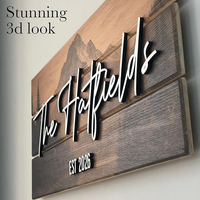 Custom Mountain Family Name Sign - Rustic Wood Wall Decor, Personalized Wedding & Gift for Couples Anniversary, Housewarming Gift for New Home