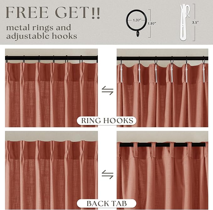 Extra Long Terracotta Linen Curtains 120 Inches Long Red Clay Farmhouse Rustic Curtain Light Filtering Semi Sheer Back Tab Pinch Pleat Curtain for Tall Ceiling Living Room 2 Panels Autumn Fall Decor