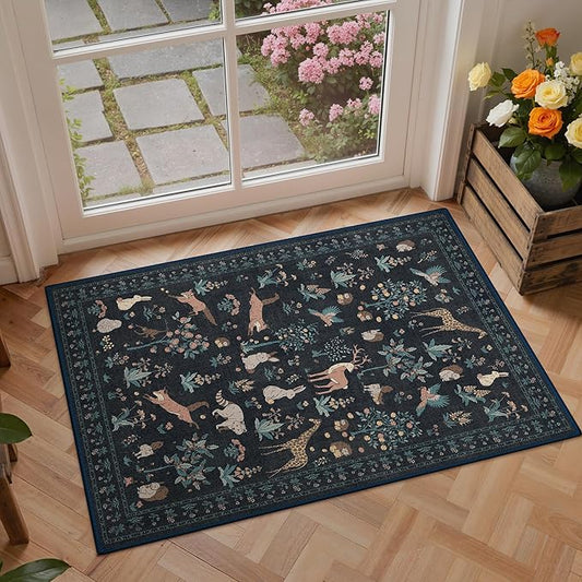 Door Mat Indoor Entrance 2x3 Floral Animal Print Rug Machine Washable Rug, Non Slip Low Pile Throw Indoor Doormat for Entryway, Front Door, Nursery, Black