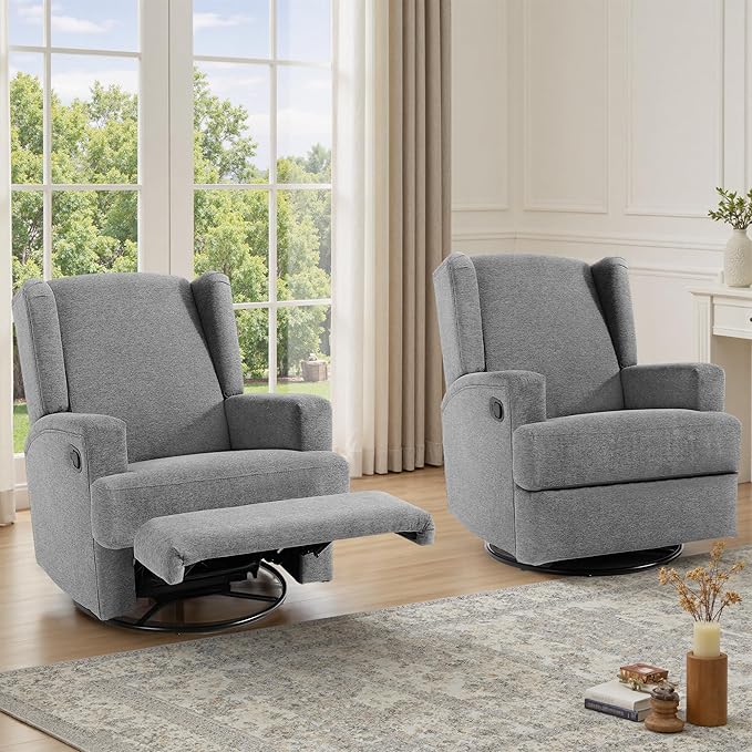 UIXE Swivel Glider Recliner Chairs Set of 2, Fabric High Back Accent Chair Nursery Rocker for Living Room, Upholstered Manual Reclining Sofa Seating with Deep Seat - Flax Gray