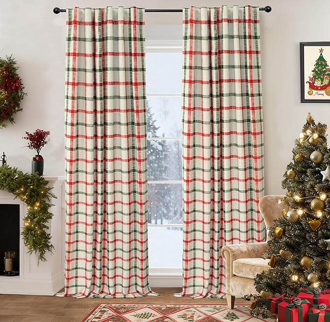 DriftAway 2 Panels 100% Blackout Windowpane Plaid Linen Curtains Double Layer Drapes for Bedroom 102 Inches Long Farmhouse Thermal Insulated 3.25 Inch Rod Pocket Back Tab for Living Room Red Green
