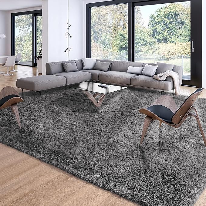 Merelax Soft Modern Indoor Large Shaggy Rug for Livingroom Bedroom Dorm Kids Room Home Decorative, Non-Slip Plush Fluffy Furry Fur Area Rugs Comfy Nursery Accent Floor Carpet 8x10 Feet, Dark Grey