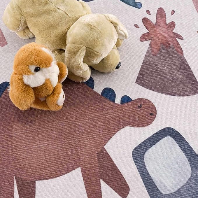 Hauteloom Libra Living Room, Bedroom Machine Washable Area Rug - Dinosaur, Car - Beige, Brown, Terracotta - 7'10" x 10'2"