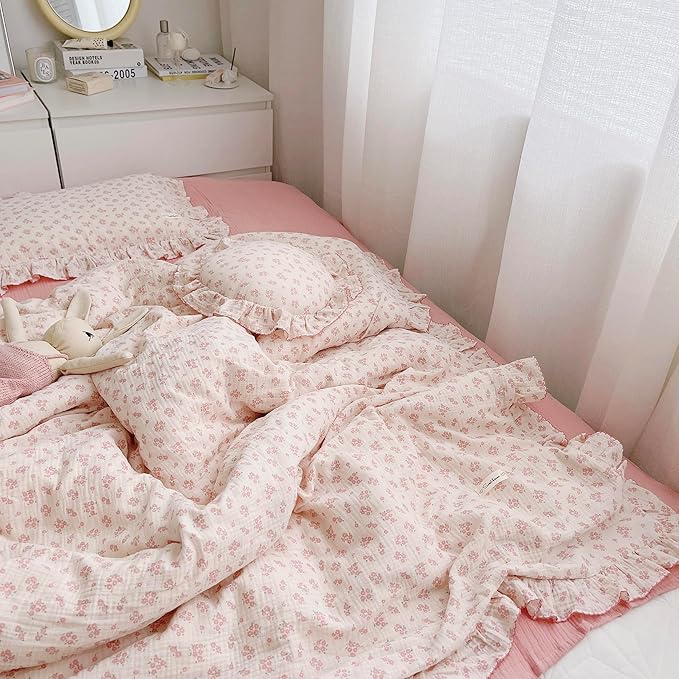 AOJIM Baby Muslin Duvet Cover with Pink Floral Patterns, 1pc Pure Cotton Kids Bedding Comforter Cover 2-layer Gauze 47X59'', Ruffled Design Baby Duvet Protector for Girls Boys, No Quilt or Pillowcases