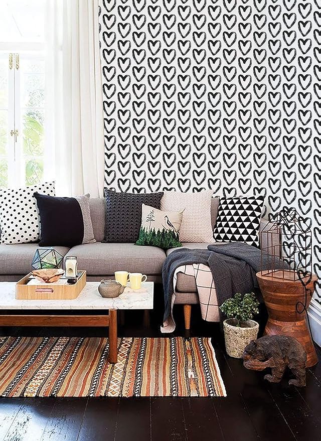 Timeet Modern Black White Wallpaper Peel and Stick Wallpaper Heart Contact Paper Vinyl Self Adhesive Wall Paper for Kids Room Bedroom Laundry Decoration Vinyl Roll 17.7"x394"
