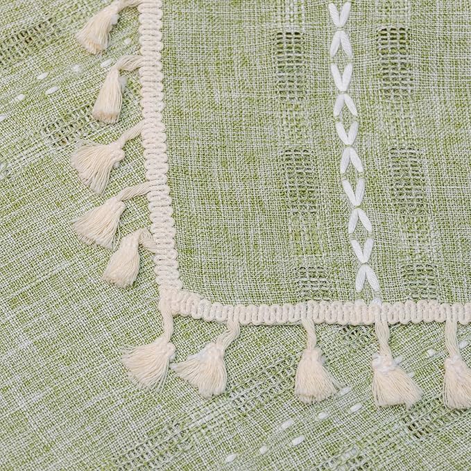 Deeprove Boho Curtain 72 inch Length for Bedroom Living Room, Bohemian Grass Sheer 72 inches Long Stripe Embroidery Privacy Window Tassel Christmas Easter Spring Decor W52 x L72, 1 Panel Sage Green