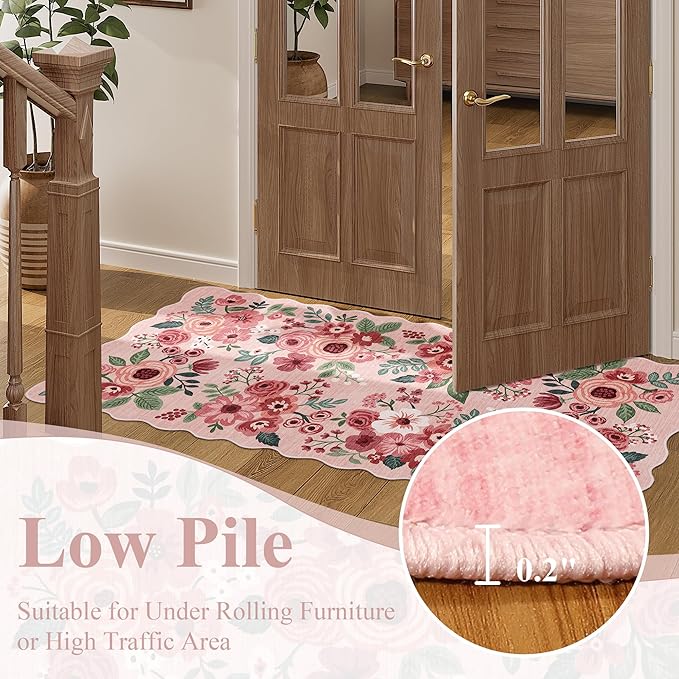 DUKINO 2x4 Washable Runner Rugs, Non Slip Floral Print Entryway Rug with Soft Low Pile, Lightweight Mat for Living Room, Bathroom, Bedroom, Kitchen, Pink