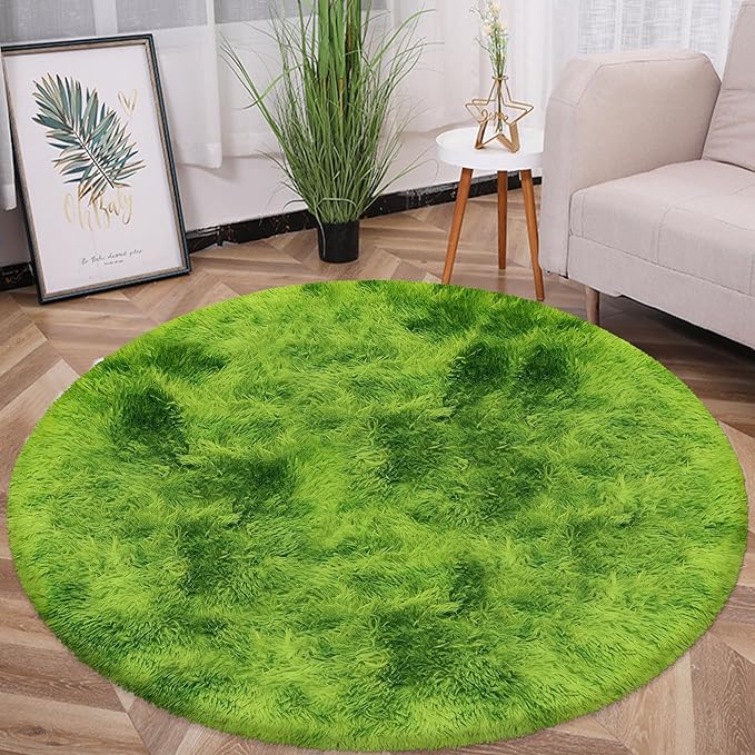 5 ft Fluffy Green Grass Area Rugs for Bedroom,Tie Dyed Plush Circle Rug Shag Round Carpet Fuzzy for Living Room Baby's Toddler's Boys Girls Room Kids Playroom Nursery Decor Aesthetic