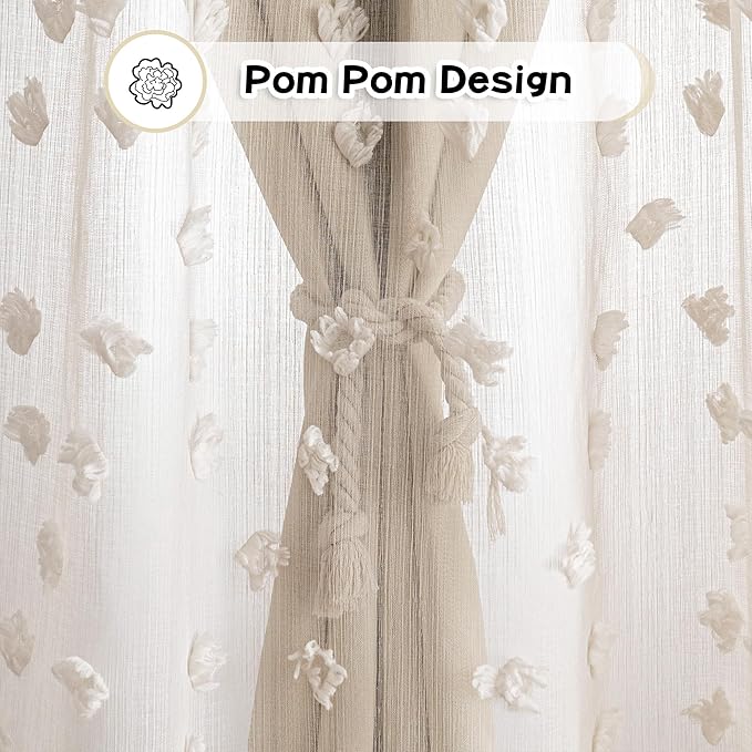 MYSKY HOME Beige Curtains for Girls Bedroom 84 Inches Long Blackout Nursery Curtains Double Layer Beige Pom Pom Sheer Overlay for Toddler Room Grommet Privacy Room Darkening Window Drapes 52" x 84"