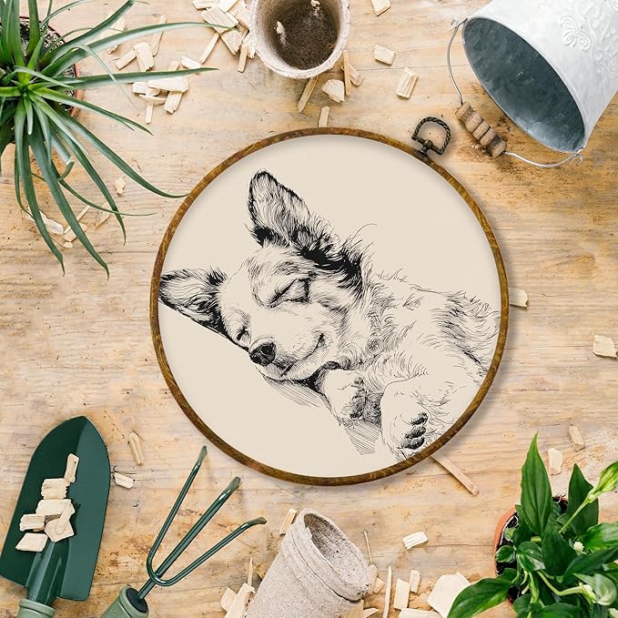 Hiuwevt Vintage Corgi Sleeping Round Wall Art Decor, Corgi Lovers Gifts Framed Canvas Prints, Neutral Sketch Dog Round Wall Hanging Decor for Home Bedroom Living Room Decorations, 10x10 Inches