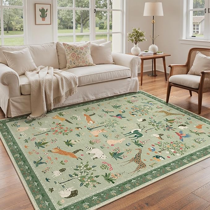 Rugs for Living Room 5x7 Floral Animal Print Area Rug Machine Washable Rug, Non Slip Low Pile Carpet for Bedroom, Entryway, Light Green