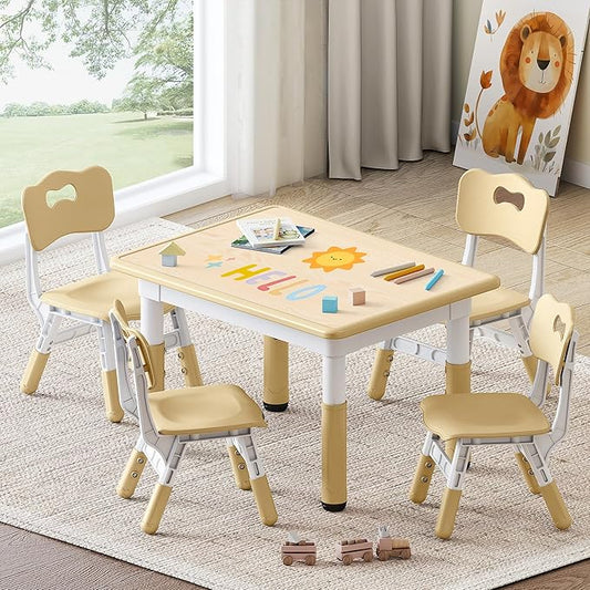 Kids Study Table and Chairs Set, Height Adjustable Toddler Table and Chair Set for Kids Ages 3-8, 31.5" L x 23.6" W Graffiti Desktop Plastic Children Art Table with 4 Seats, Brown