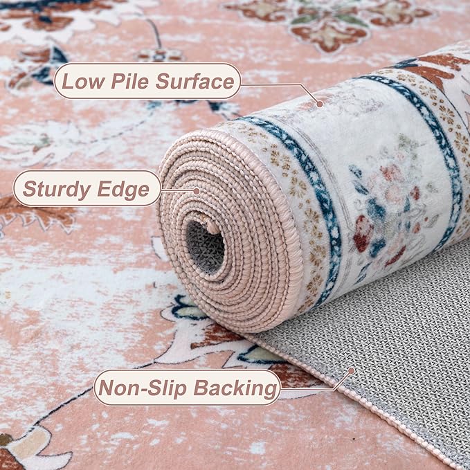 Tangsoo Floral 8x10 Washable Rug Pink Area Rugs for Living Room Large Bedroom Rug Non Slip Soft Indoor Floor Carpet for Girls Room Nursery Playroom