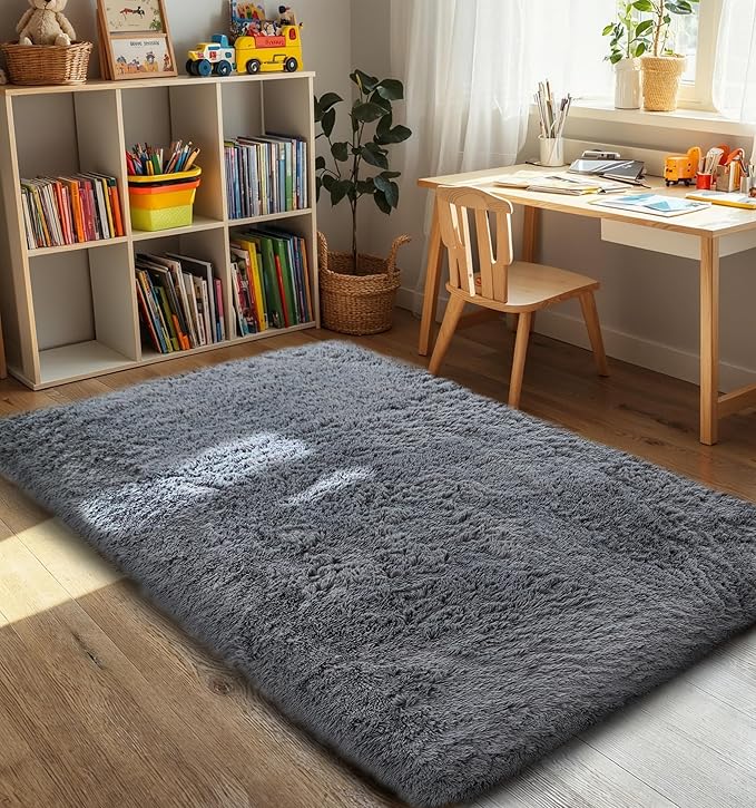 Thick Area Rug Grey Fluffy 4x6 for Bedroom Living Room Washable Plush Rug for Kids Baby Room Nursery Non Slip Soft Shag Cozy Shaggy Rugs for College Dorm Fuzzy Furry Floor Carpet