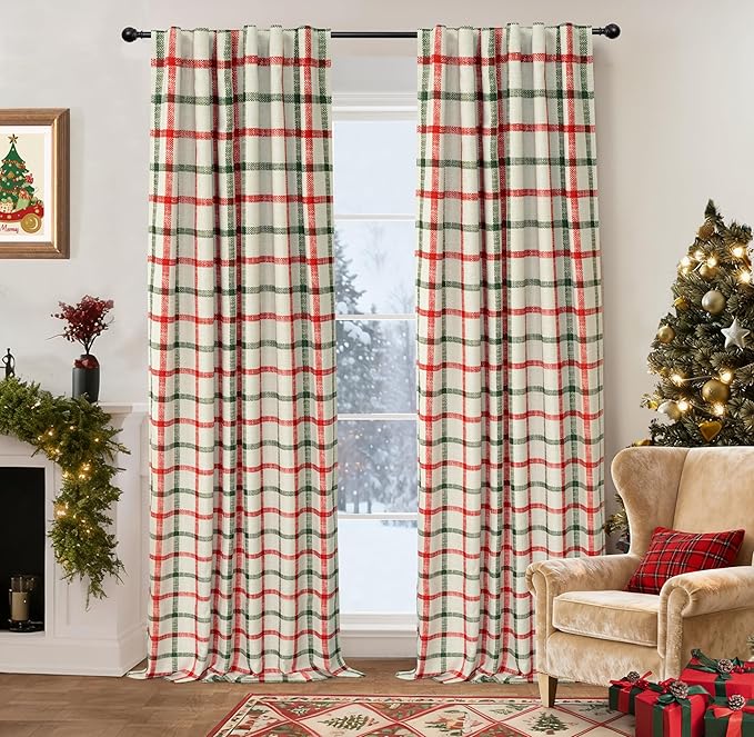 DriftAway 2 Panels 100% Blackout Windowpane Plaid Linen Curtains Double Layer Drapes for Bedroom 96 Inches Long Farmhouse Thermal Insulated 3.25 Inch Rod Pocket Back Tab for Living Room Red Green