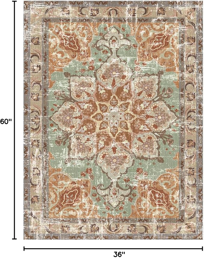 Vhong Boho Vintage Area Rugs Washable Neutral Modern Brick Non Slip 3x5 Small Carpet for Living Room Dining Room Bedroom Farmhouse