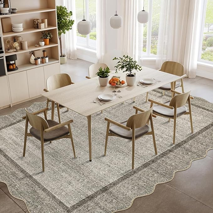 GarveeHome Scalloped Living Room Rug 5x7 Area Rug Washable Area Rug for Bedroom Modern Traditional Kids Rug Non Slip Throw Rugs Soft Low Pile Stain Resistant Carpet for Dining Room 5 ft x7 ft Brown