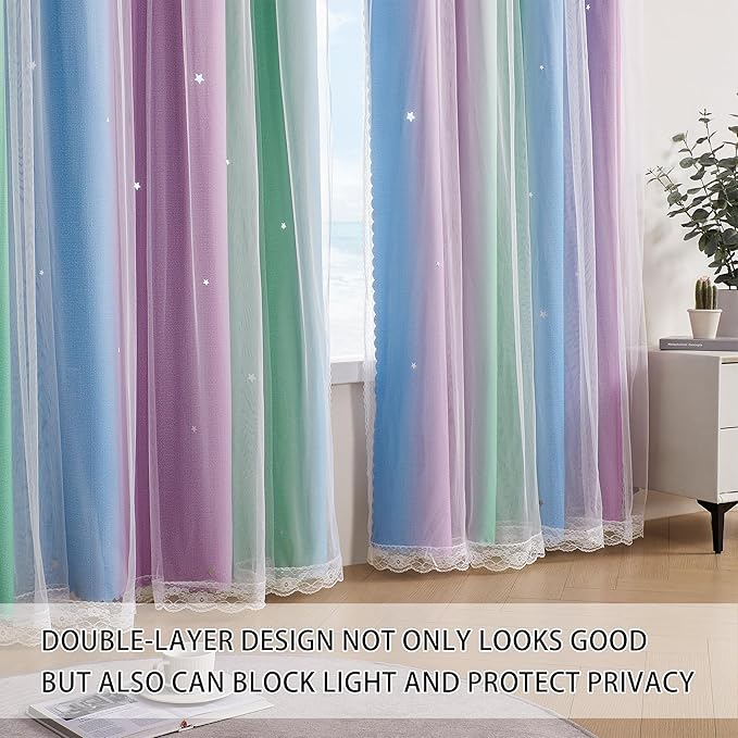 XiDi Blackout Curtains for Girls Bedroom Decor 54 inches Long Window Curtains Colorful Rainbow Design 2 Panel, Kids Room Unicorn Princess Theme Home Decor Ombre Drapes Green Purple Blue W34 X L54