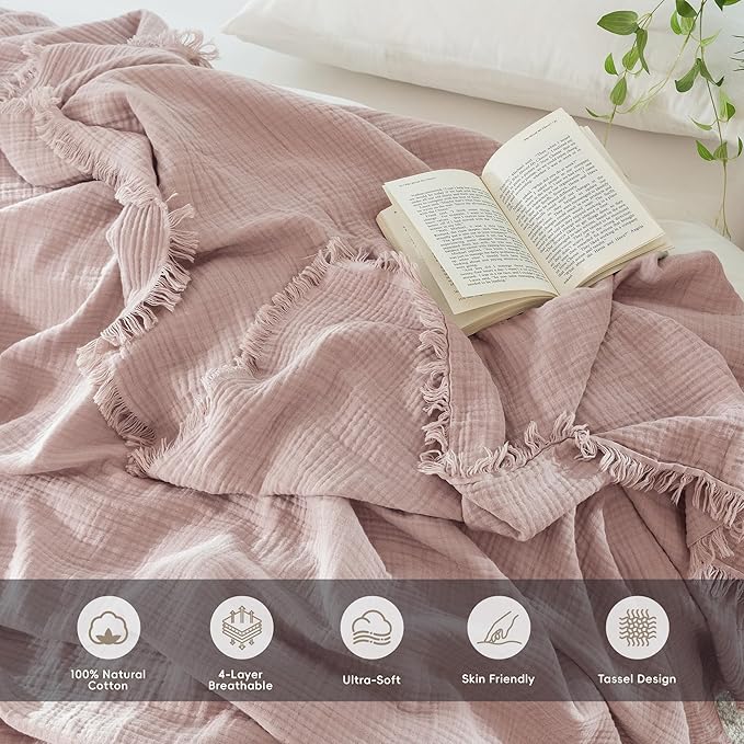 MooMee Muslin Blanket - 100% Cotton 4-Layer Gauze Throw Blanket with All-Around Fringe Ultra-Soft Breathable Lightweight Cooling for Bed Couch (Greyish Pink,Twin XL 66" x 90")