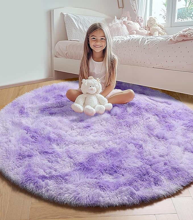 ONASAR Tie-Dyed Purple Round Area Rug 4ft, Soft Bedroom Circle Rugs Floor Mats for Kids Girls Teen Room, Kawaii Fluffy Plush Shaggy Carpet for Baby Nursery Living Room Playroom Home Decor