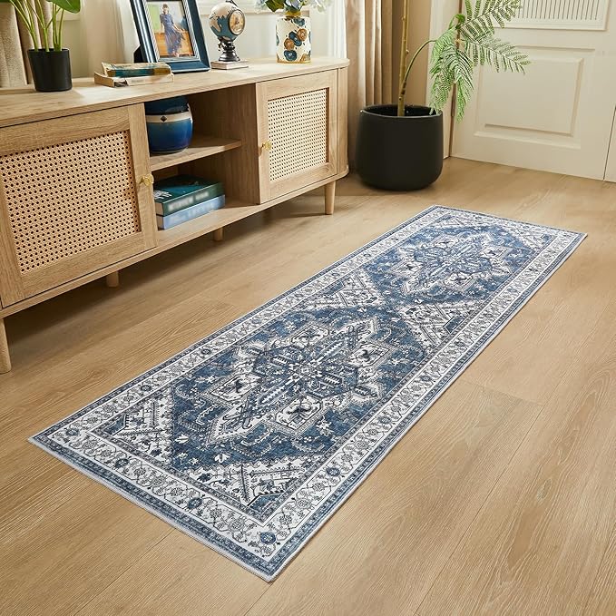 WITSHOCK Boho Area Rugs Machine Washable for Living Room Bedroom, 2x6 Vintage Non-Slip Stain Resistant Floor Carpet Indoor for Bedroom Kitchen Entryway Bathroom, Blue