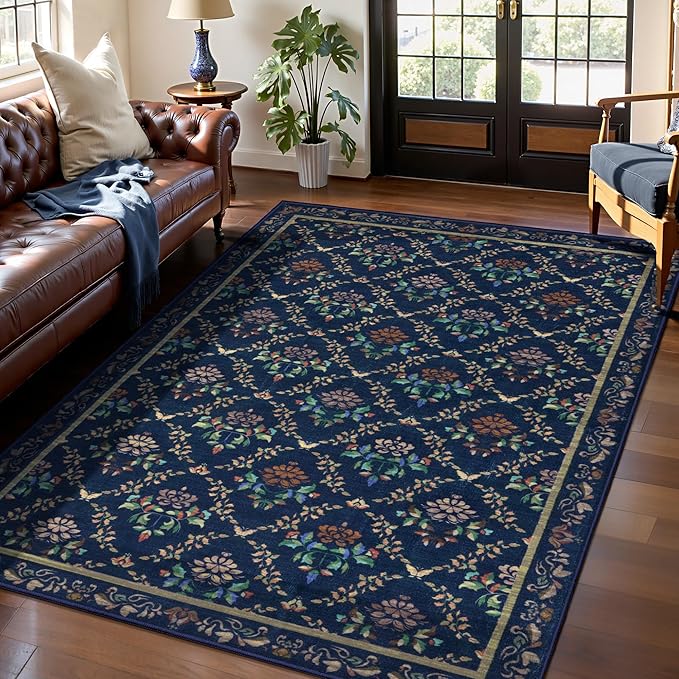 Tangsoo 5x7 Washable Area Rug, Non Slip Moroccan Trellis Blue Floral Indoor Rug, Soft Low Pile Floor Carpet for Living Room, Bedroom, Dining Room, Pet & Child Friendly Room Decor, Easy to Clean