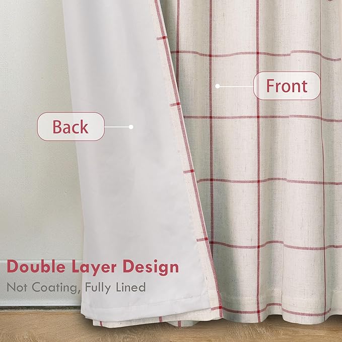 DriftAway 2 Panels 100% Blackout Windowpane Plaid Linen Curtains Double Layer Drapes for Bedroom 102 Inches Long Farmhouse Thermal Insulated 3.25 Inch Rod Pocket Back Tab for Living Room Red