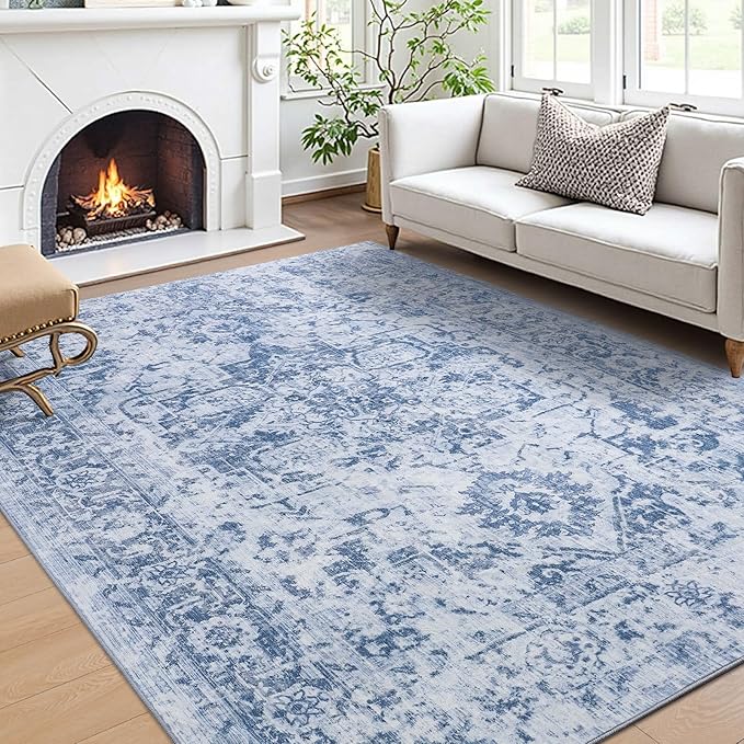 Area Rug 6x9, Washable Rug for Living Room, Large Area Rugs for Bedroom, Vintage Rug 6x9 for Dining Room, Non Slip Soft Low Pile Indoor Carpet for Kitchen, Nursery, Office, Farmhouse, Blue
