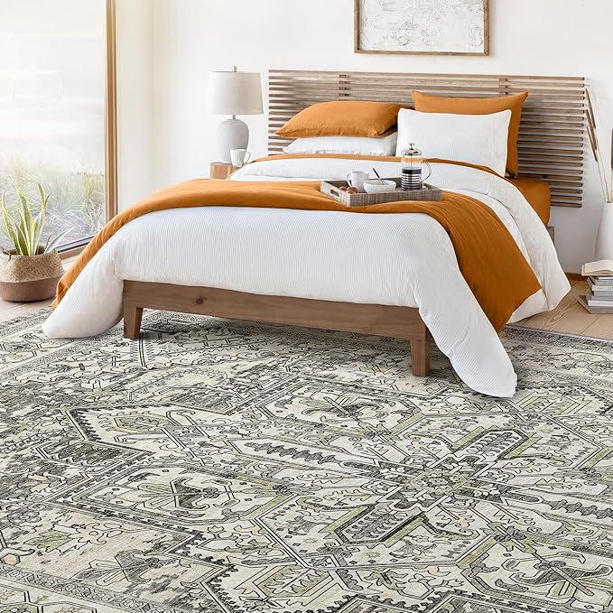 WITSHOCK Living Room Area Rugs 9x12: Washable Rug Boho Soft Non-Slip Low Pile Stain Resistant Foldable Carpet for Bedroom Playroom Dining Room Office Kitchen Farmhouse Home Decor Rug-Brown/Lvory